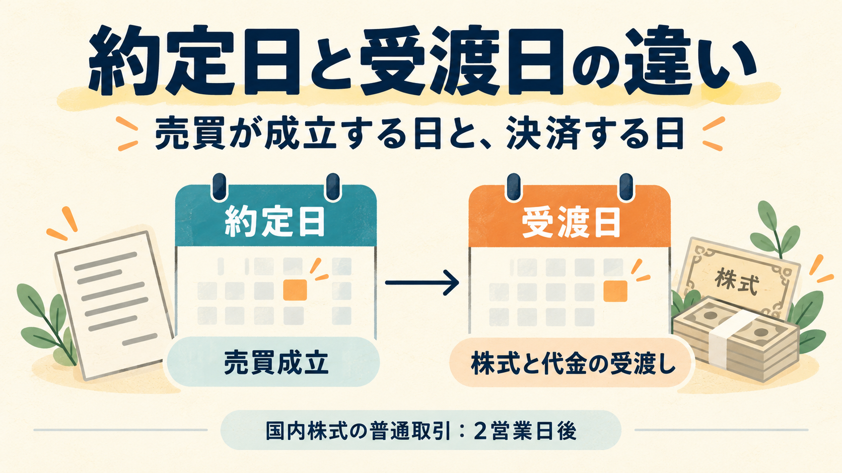 約定日と受渡日の違い。約定日は売買成立、受渡日は株式と代金の受渡し。国内株式の普通取引は2営業日後。